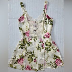 Vintage Satin Floral and Lace Side Slit Slip Dress by California Dynasty SZ L